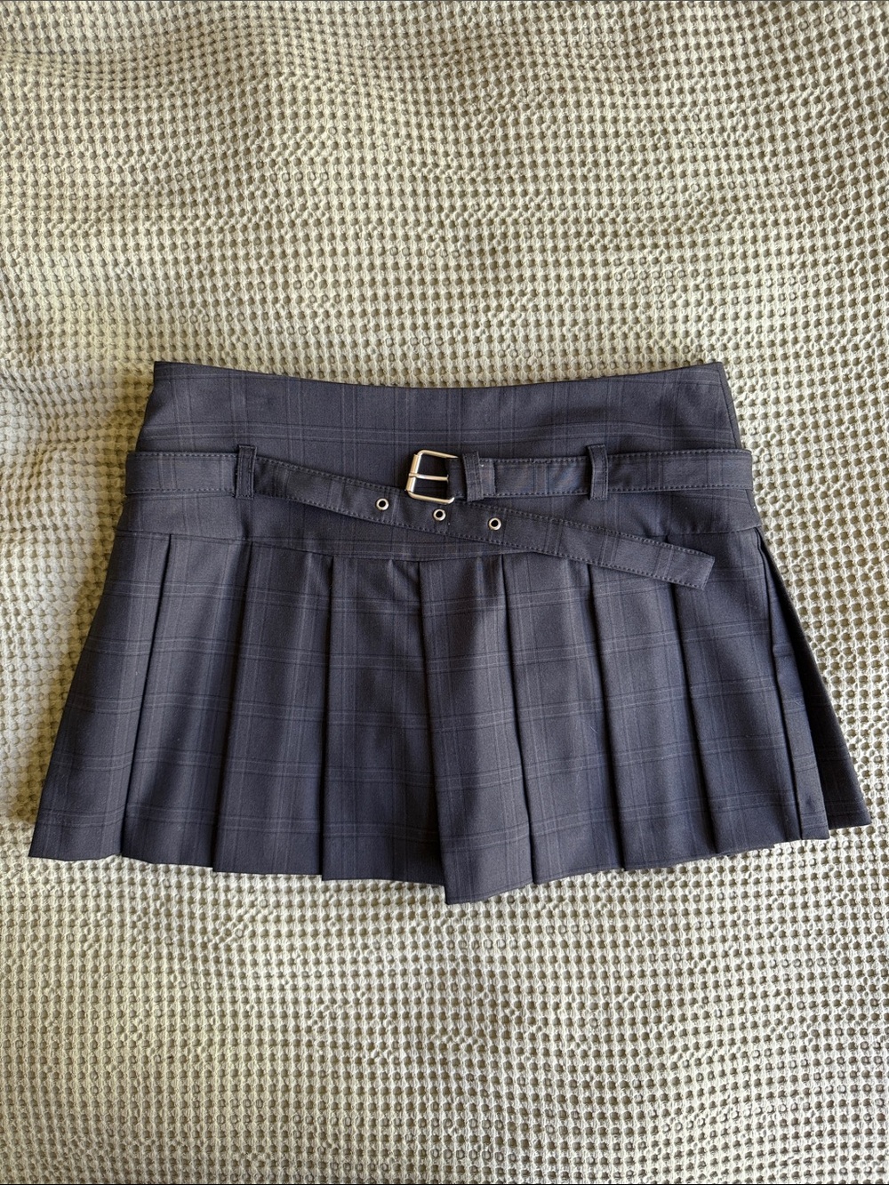 Zara Charcoal Plaid Pleated Mini Skirt with Belt and built in shorts (skort)